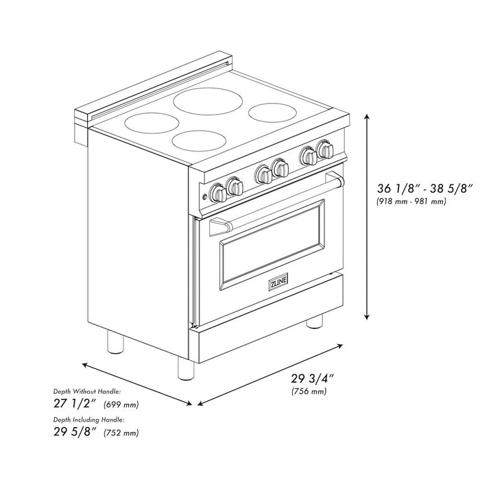 ZLINE 30 in. 4.0 cu. ft. Legacy Induction Range with 4 Element Cooktop and Electric Oven in DuraSnow® Stainless Steel (RAINDS-SN-30)