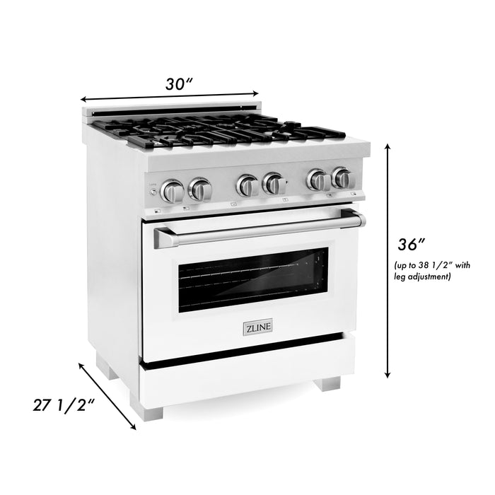 ZLINE 30" 4.0 cu. ft. Gas Burner, Electric Oven with Griddle and White Matte Door in DuraSnow® Stainless Steel, RAS-WM-GR-30