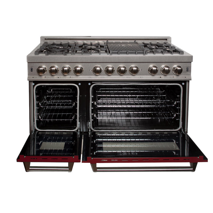 ZLINE 48 in. 6.0 cu. ft. Legacy Dual Fuel Range with 7 Burner Gas Cooktop and 2 Electric Ovens in DuraSnow® Stainless Steel and Red Gloss Doors (RAS-RG-48)