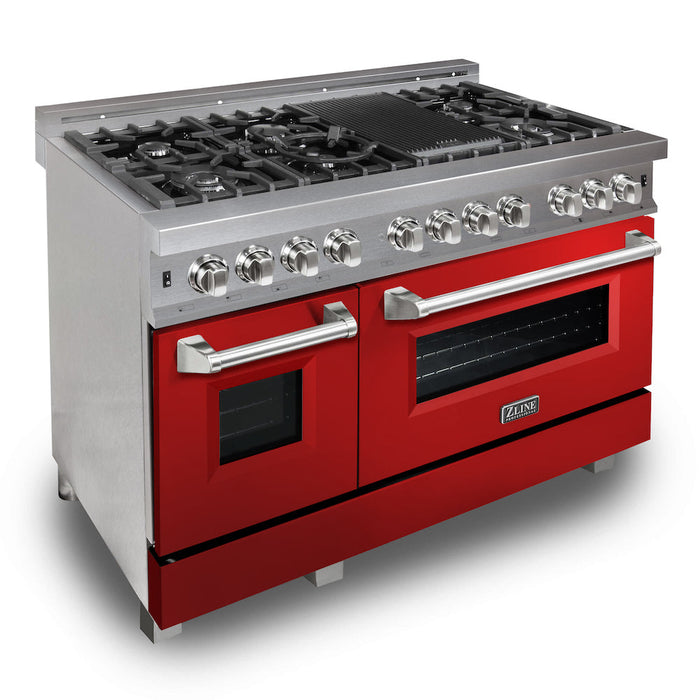 ZLINE 48 in. 6.0 cu. ft. Legacy Dual Fuel Range with 7 Burner Gas Cooktop and 2 Electric Ovens in DuraSnow® Stainless Steel and Red Gloss Doors (RAS-RG-48)