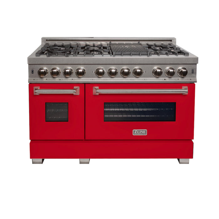 ZLINE 48 in. 6.0 cu. ft. Legacy Dual Fuel Range with 7 Burner Gas Cooktop and 2 Electric Ovens in DuraSnow® Stainless Steel and Red Matte Doors (RAS-RM-48)