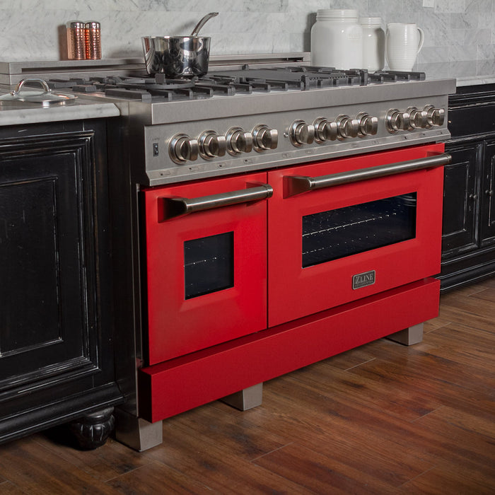 ZLINE 48 in. 6.0 cu. ft. Legacy Dual Fuel Range with 7 Burner Gas Cooktop and 2 Electric Ovens in DuraSnow® Stainless Steel and Red Matte Doors (RAS-RM-48)