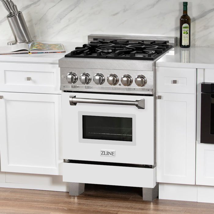 ZLINE 24 in. 2.8 cu. ft. Legacy Dual Fuel Range with 4 Burner Gas Cooktop and Electric Convection Oven in DuraSnow® Stainless Steel and White Matte Door (RAS-WM-24)