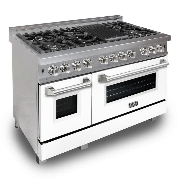 ZLINE 48 in. Kitchen Package with Fingerprint Resistant Stainless Steel Dual Fuel Range with White Matte Door and Convertible Vent Range Hood (2KP-RASWMRH48)