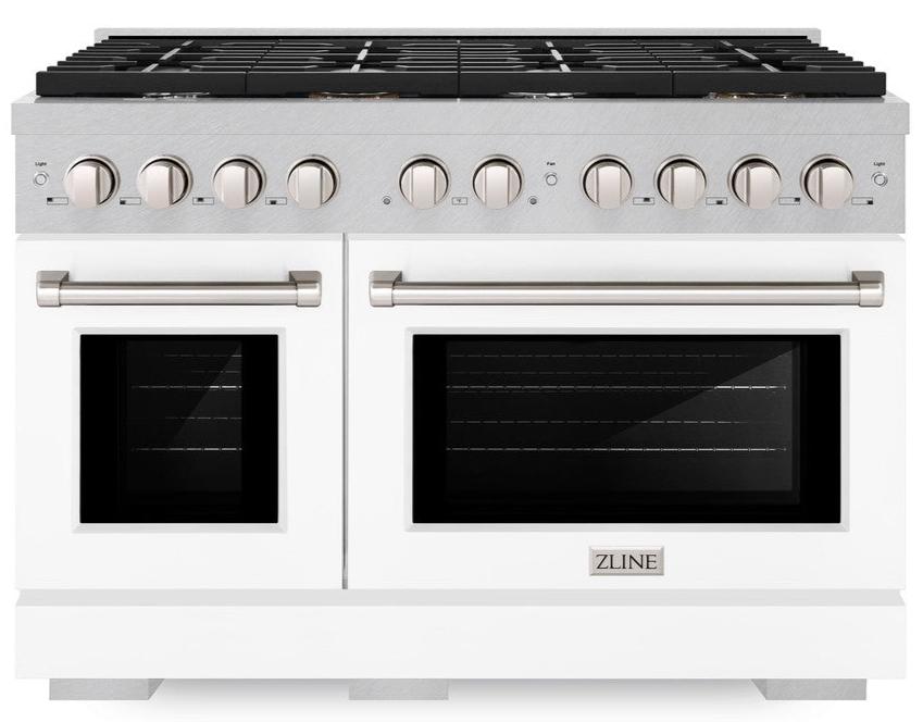 ZLINE 48" 6.7 cu. ft. Paramount Double Oven Dual Fuel Range with 8 Burners in DuraSnow® Stainless Steel with White Matte Doors, SDRS-WM-48