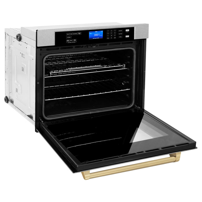 ZLINE 30" Autograph Single Wall Oven with Air Fry and Self-Clean in DuraSnow® Stainless Steel and Champagne Bronze Handle, WASSZ-30-CB