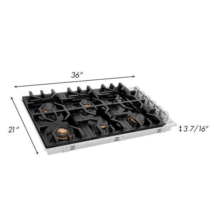 ZLINE 36 in. Dropin Cooktop with 6 Gas Burners and Black Porcelain Top and Brass Burners, RC-BR-36-PBT