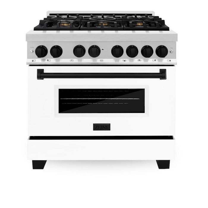 ZLINE Autograph Edition 36 in. Kitchen Package with Stainless Steel Dual Fuel Range with White Matte Door and Range Hood with Matte Black Accents (2AKP-RAWMRH36-MB)