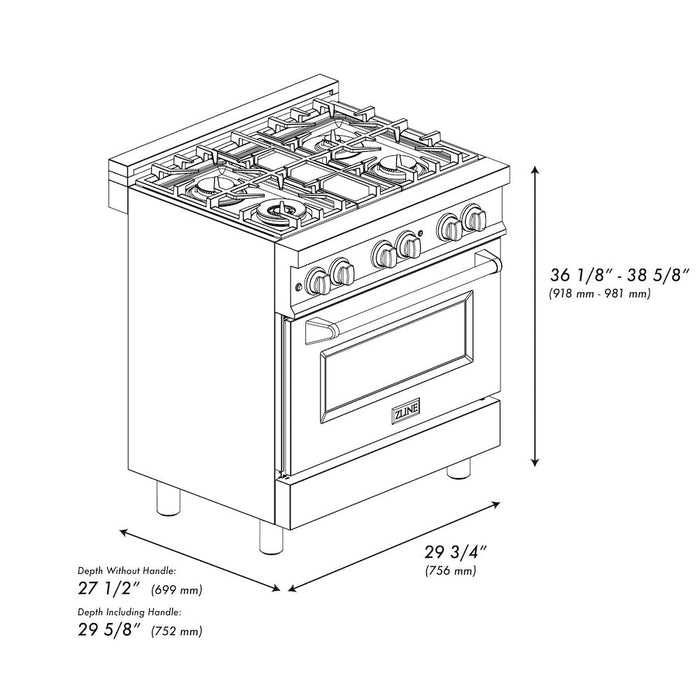 ZLINE 30 in. Kitchen Package with Stainless Steel Dual Fuel Range with Black Matte Door and Convertible Vent Range Hood (2KP-RABLMRH30)