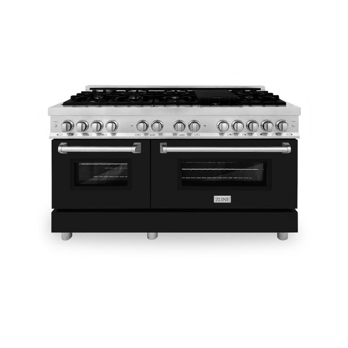 ZLINE 60 in. 7.4 cu. ft. Legacy Dual Fuel Range with 9 Burner Gas Cooktop and 2 Electric Convection Ovens in Stainless Steel and Black Matte Doors (RA-BLM-60)