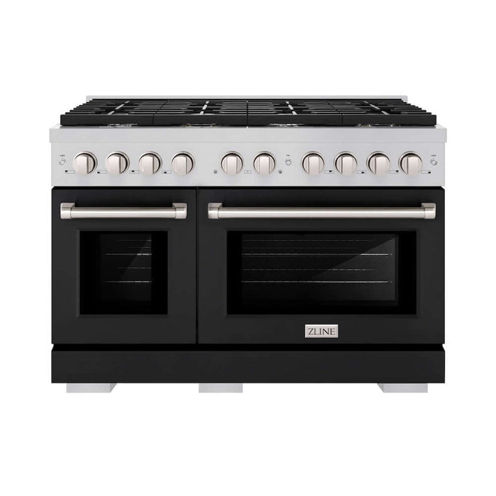 ZLINE 48 in. 6.7 cu. ft. Paramount Double Oven Gas Range with 8 Burner Cooktop in Stainless Steel with Black Matte Doors (SGR-BLM-48)