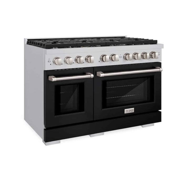 ZLINE 48 in. 6.7 cu. ft. Paramount Double Oven Gas Range with 8 Burner Cooktop in Stainless Steel with Black Matte Doors (SGR-BLM-48)