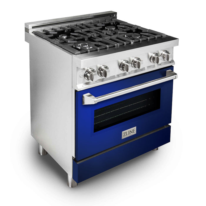 ZLINE 30 in. 4.0 cu. ft. Legacy Dual Fuel Range with 4 Burner Gas Cooktop and Electric Convection Oven in Stainless Steel and Blue Gloss Door (RA-BG-30)