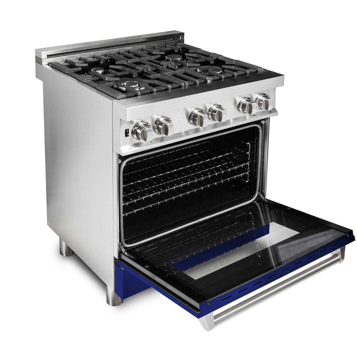 ZLINE 30 in. 4.0 cu. ft. Legacy Dual Fuel Range with 4 Burner Gas Cooktop and Electric Convection Oven in Stainless Steel and Blue Gloss Door (RA-BG-30)