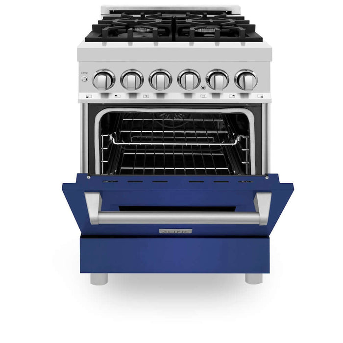 ZLINE 24 in. 2.8 cu. ft. Legacy Dual Fuel Range with 4 Burner Gas Cooktop and Electric Convection Oven in Stainless Steel and Blue Matte Door (RA-BM-24)