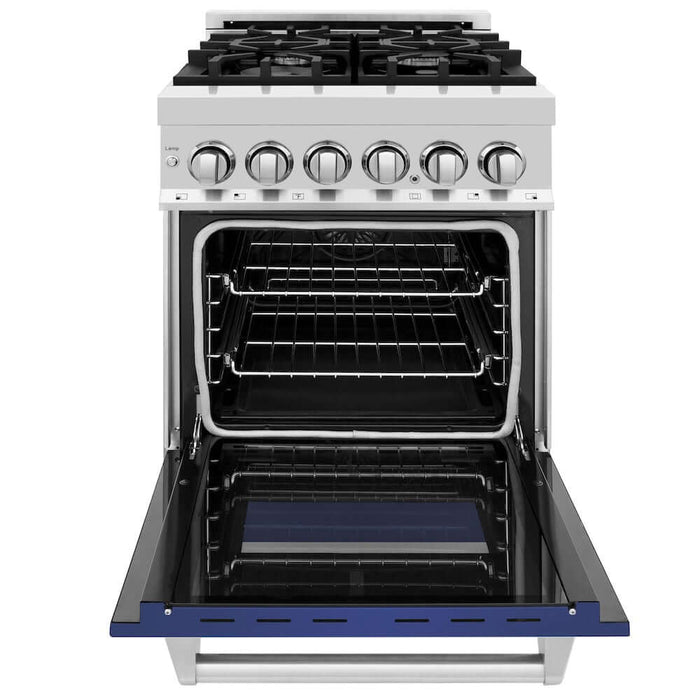 ZLINE 24 in. 2.8 cu. ft. Legacy Dual Fuel Range with 4 Burner Gas Cooktop and Electric Convection Oven in Stainless Steel and Blue Matte Door (RA-BM-24)