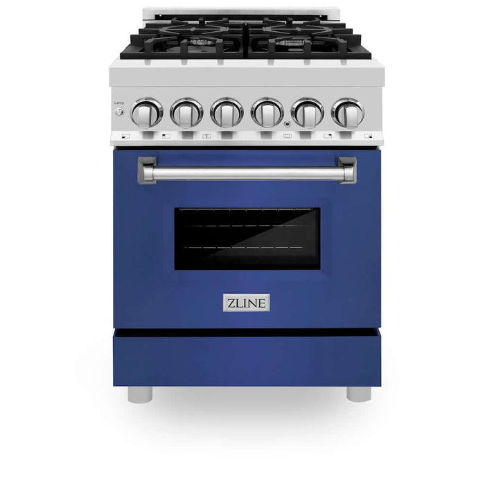 ZLINE 24 in. 2.8 cu. ft. Legacy Dual Fuel Range with 4 Burner Gas Cooktop and Electric Convection Oven in Stainless Steel and Blue Matte Door (RA-BM-24)