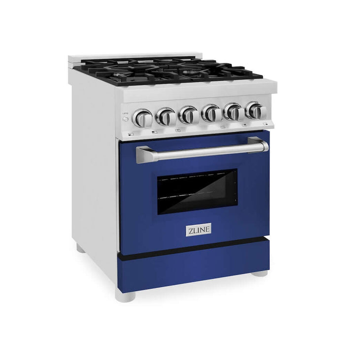 ZLINE 24 in. 2.8 cu. ft. Legacy Dual Fuel Range with 4 Burner Gas Cooktop and Electric Convection Oven in Stainless Steel and Blue Matte Door (RA-BM-24)