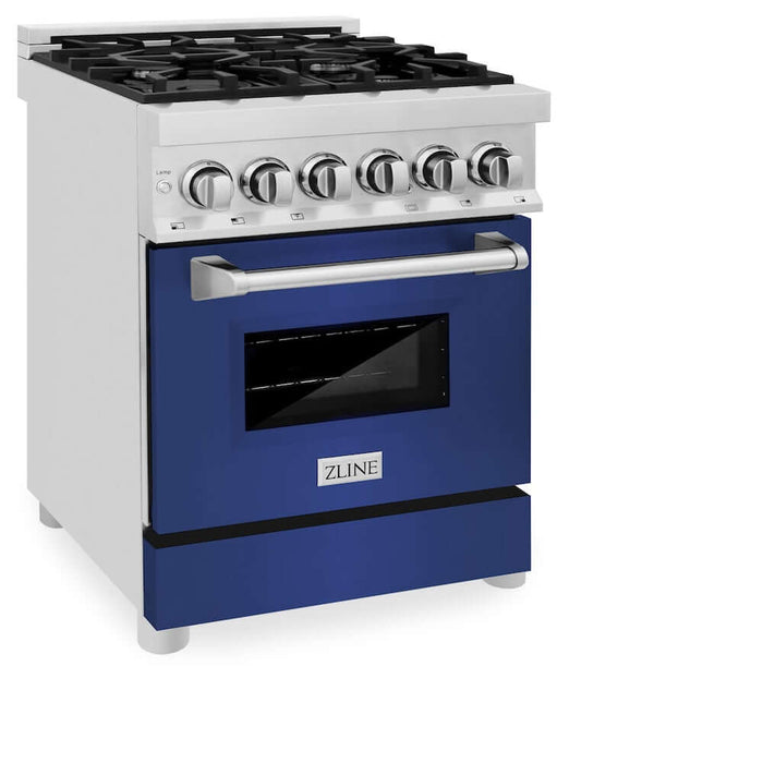 ZLINE 24 in. 2.8 cu. ft. Legacy Dual Fuel Range with 4 Burner Gas Cooktop and Electric Convection Oven in Stainless Steel and Blue Matte Door (RA-BM-24)