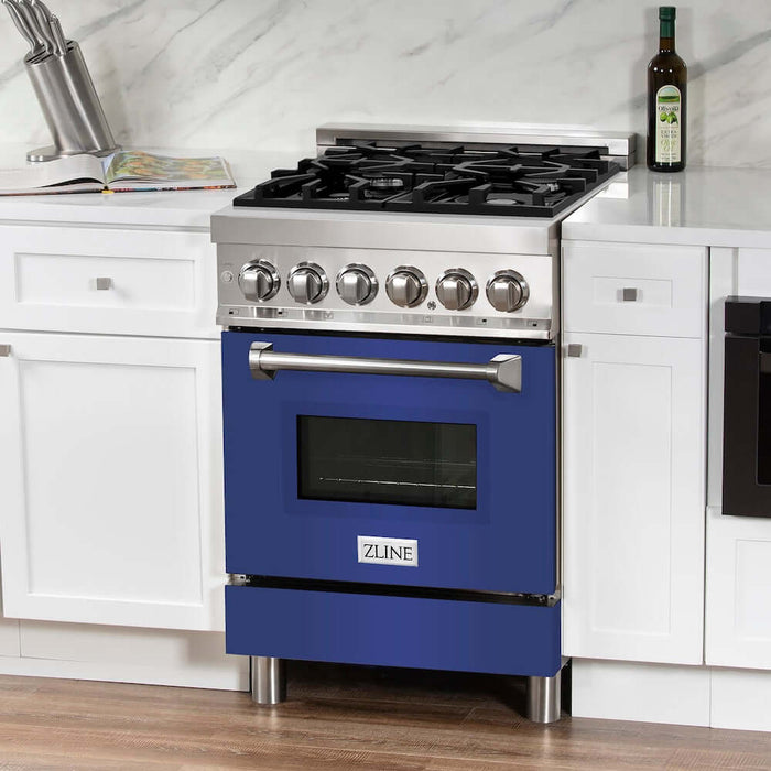 ZLINE 24 in. 2.8 cu. ft. Legacy Dual Fuel Range with 4 Burner Gas Cooktop and Electric Convection Oven in Stainless Steel and Blue Matte Door (RA-BM-24)