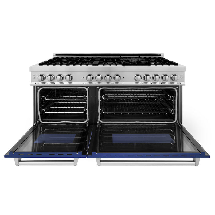 ZLINE 60 in. 7.4 cu. ft. Legacy Dual Fuel Range with 9 Burner Gas Cooktop and 2 Electric Convection Ovens in Stainless Steel and Blue Matte Doors (RA-BM-60)