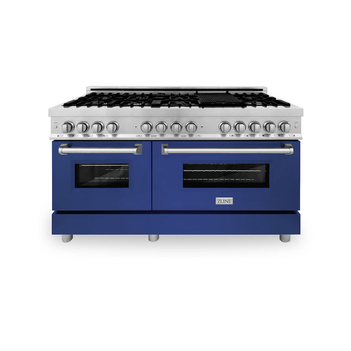 ZLINE 60 in. 7.4 cu. ft. Legacy Dual Fuel Range with 9 Burner Gas Cooktop and 2 Electric Convection Ovens in Stainless Steel and Blue Matte Doors (RA-BM-60)