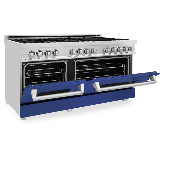 ZLINE 60 in. 7.4 cu. ft. Legacy Dual Fuel Range with 9 Burner Gas Cooktop and 2 Electric Convection Ovens in Stainless Steel and Blue Matte Doors (RA-BM-60)