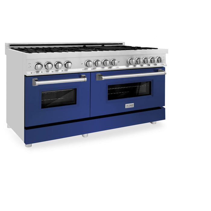 ZLINE 60 in. 7.4 cu. ft. Legacy Dual Fuel Range with 9 Burner Gas Cooktop and 2 Electric Convection Ovens in Stainless Steel and Blue Matte Doors (RA-BM-60)