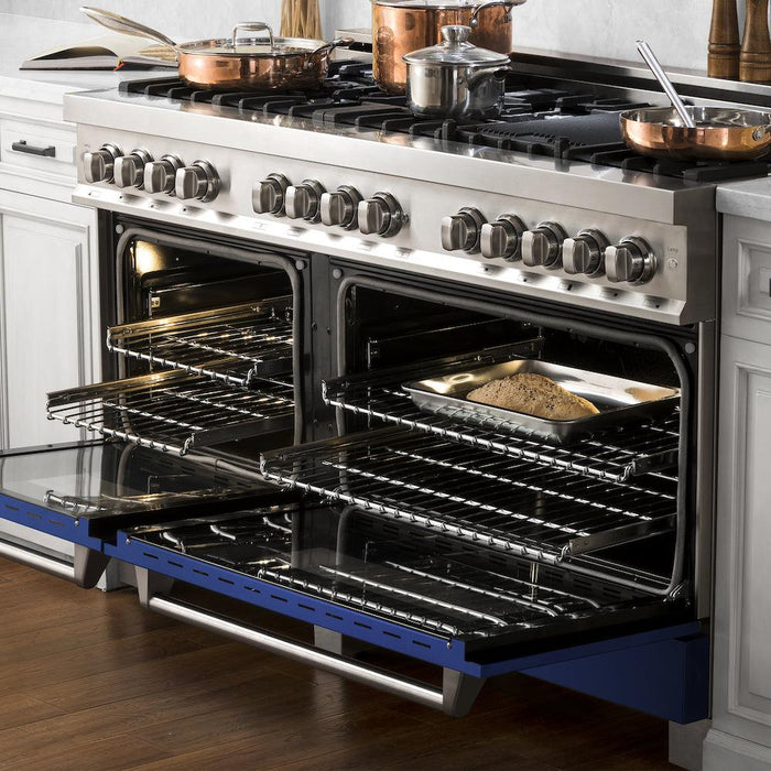 ZLINE 60 in. 7.4 cu. ft. Legacy Dual Fuel Range with 9 Burner Gas Cooktop and 2 Electric Convection Ovens in Stainless Steel and Blue Matte Doors (RA-BM-60)