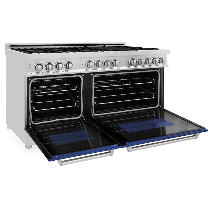 ZLINE 60 in. 7.4 cu. ft. Legacy Dual Fuel Range with 9 Burner Gas Cooktop and 2 Electric Convection Ovens in Stainless Steel and Blue Matte Doors (RA-BM-60)