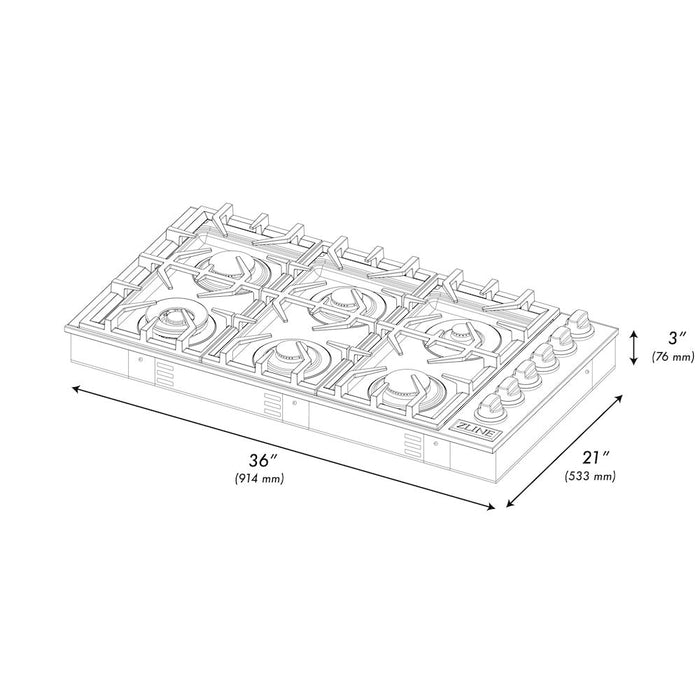 ZLINE 36 in. Gas Cooktop with 6 Gas Brass Burners and Black Porcelain Top (RC-BR-36-PBT)