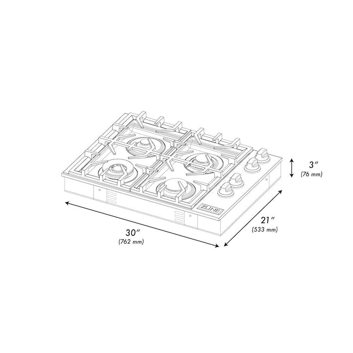 ZLINE 30 in. Gas Cooktop with 4 Gas Burners and Black Porcelain Top (RC30-PBT)