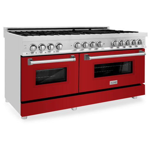 ZLINE 60 in. 7.4 cu. ft. Legacy Dual Fuel Range with 9 Burner Gas Cooktop and 2 Electric Convection Ovens in Stainless Steel and Red Gloss Doors (RA-RG-60)