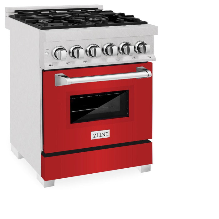 ZLINE 24 in. 2.8 cu. ft. Legacy Dual Fuel Range with 4 Burner Gas Cooktop and Electric Convection Oven in DuraSnow® Stainless Steel and Red Matte Door (RAS-RM-24)