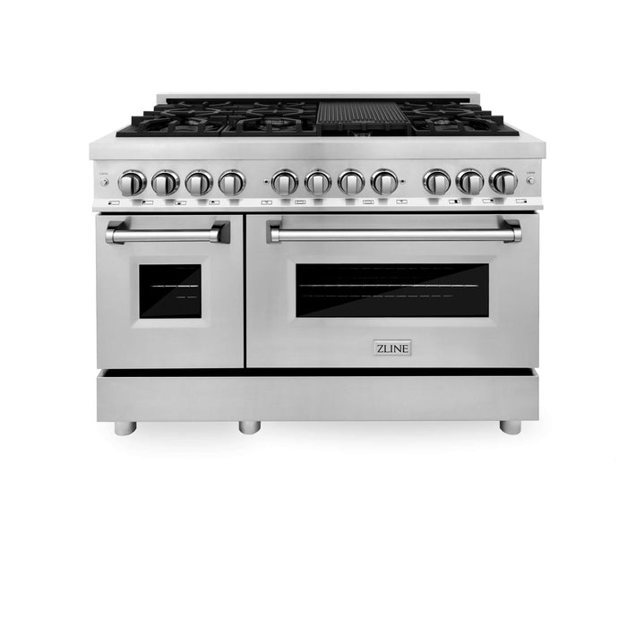 ZLINE 48 in. Kitchen Package with Stainless Steel Dual Fuel Range, Range Hood, Microwave Drawer and Tall Tub Dishwasher (4KP-RARH48-MWDWV)