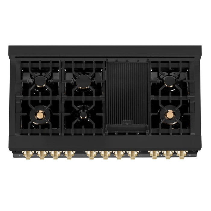 ZLINE Autograph Edition 48 in. Kitchen Package with Black Stainless Steel Dual Fuel Range, Range Hood, Dishwasher and Refrigeration Including External Water Dispenser with Polished Gold Accents (4AKPR-RABRHDWV48-G)