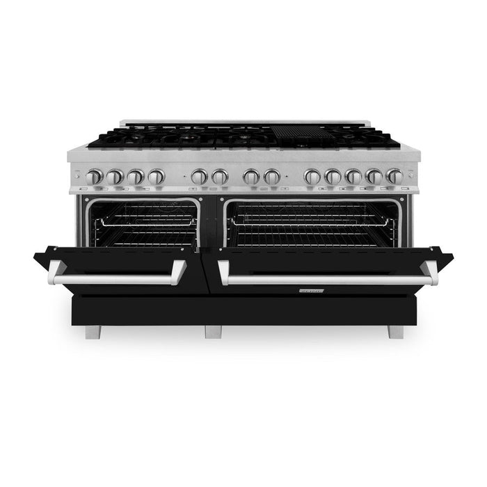 ZLINE 60 in. 7.4 cu. ft. Legacy Dual Fuel Range with 9 Burner Gas Cooktop and 2 Electric Convection Ovens in DuraSnow® Stainless Steel and Black Matte Doors (RAS-BLM-60)