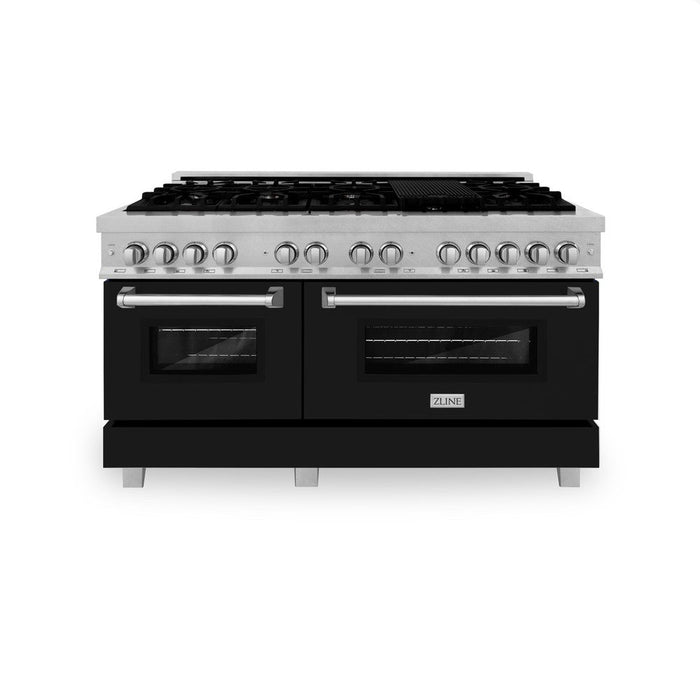 ZLINE 60 in. 7.4 cu. ft. Legacy Dual Fuel Range with 9 Burner Gas Cooktop and 2 Electric Convection Ovens in DuraSnow® Stainless Steel and Black Matte Doors (RAS-BLM-60)