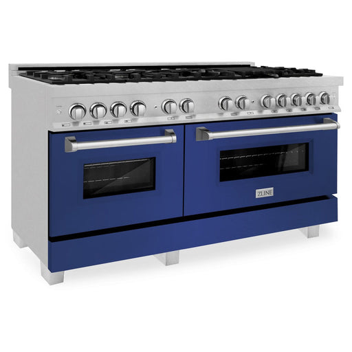 ZLINE 60 in. 7.4 cu. ft. Legacy Dual Fuel Range with 9 Burner Gas Cooktop and 2 Electric Convection Ovens in DuraSnow® Stainless Steel and Blue Matte Doors (RAS-BM-60)