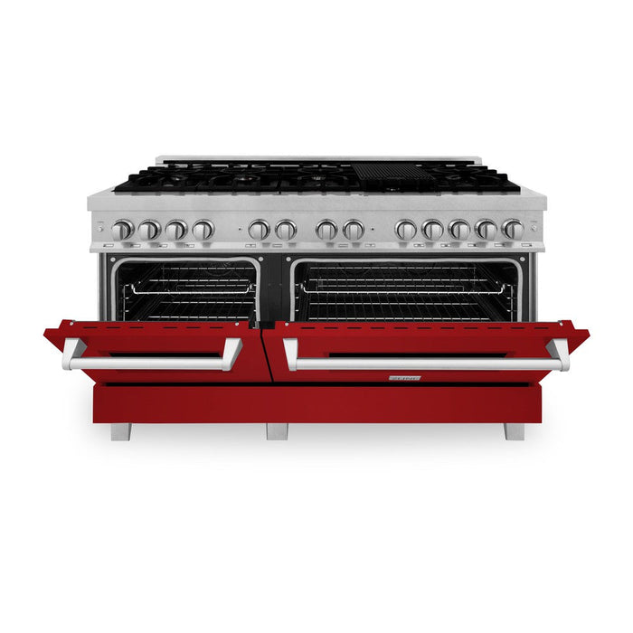 ZLINE 60 in. 7.4 cu. ft. Legacy Dual Fuel Range with 9 Burner Gas Cooktop and 2 Electric Convection Ovens in DuraSnow® Stainless Steel and Red Gloss Doors (RAS-RG-60)