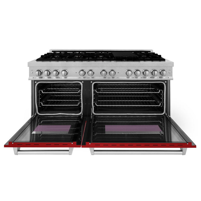 ZLINE 60 in. 7.4 cu. ft. Legacy Dual Fuel Range with 9 Burner Gas Cooktop and 2 Electric Convection Ovens in DuraSnow® Stainless Steel and Red Gloss Doors (RAS-RG-60)