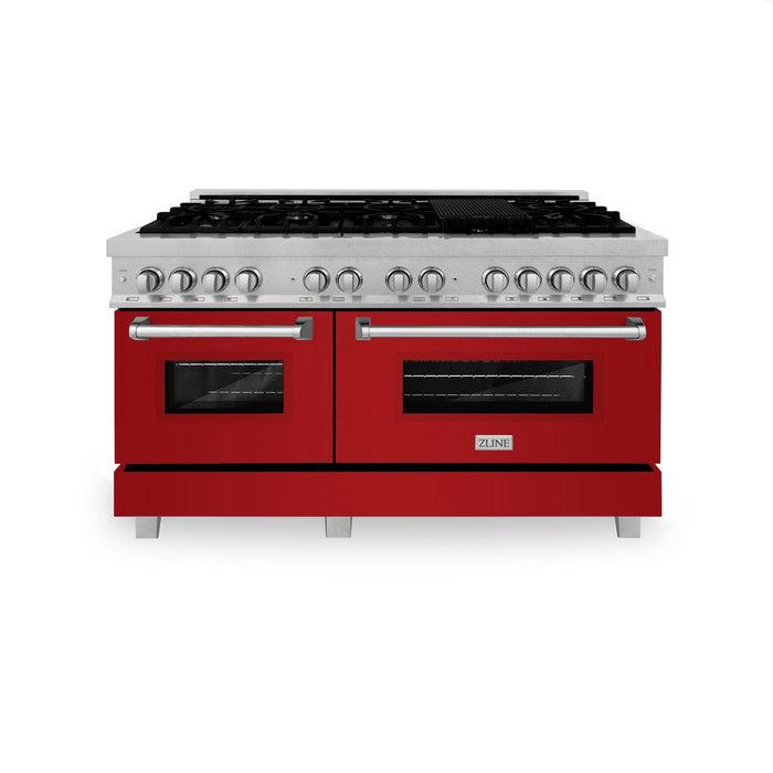 ZLINE 60 in. 7.4 cu. ft. Legacy Dual Fuel Range with 9 Burner Gas Cooktop and 2 Electric Convection Ovens in DuraSnow® Stainless Steel and Red Gloss Doors (RAS-RG-60)