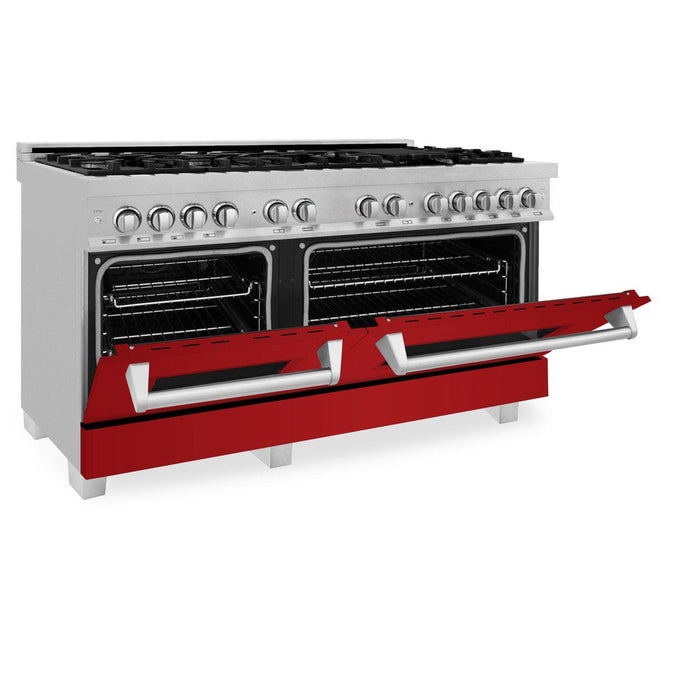 ZLINE 60 in. 7.4 cu. ft. Legacy Dual Fuel Range with 9 Burner Gas Cooktop and 2 Electric Convection Ovens in DuraSnow® Stainless Steel and Red Gloss Doors (RAS-RG-60)