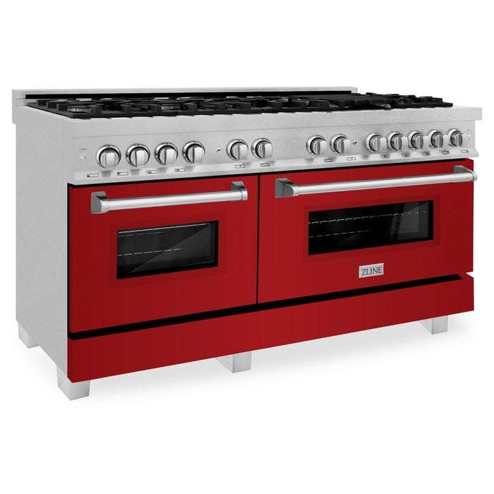 ZLINE 60 in. 7.4 cu. ft. Legacy Dual Fuel Range with 9 Burner Gas Cooktop and 2 Electric Convection Ovens in DuraSnow® Stainless Steel and Red Gloss Doors (RAS-RG-60)