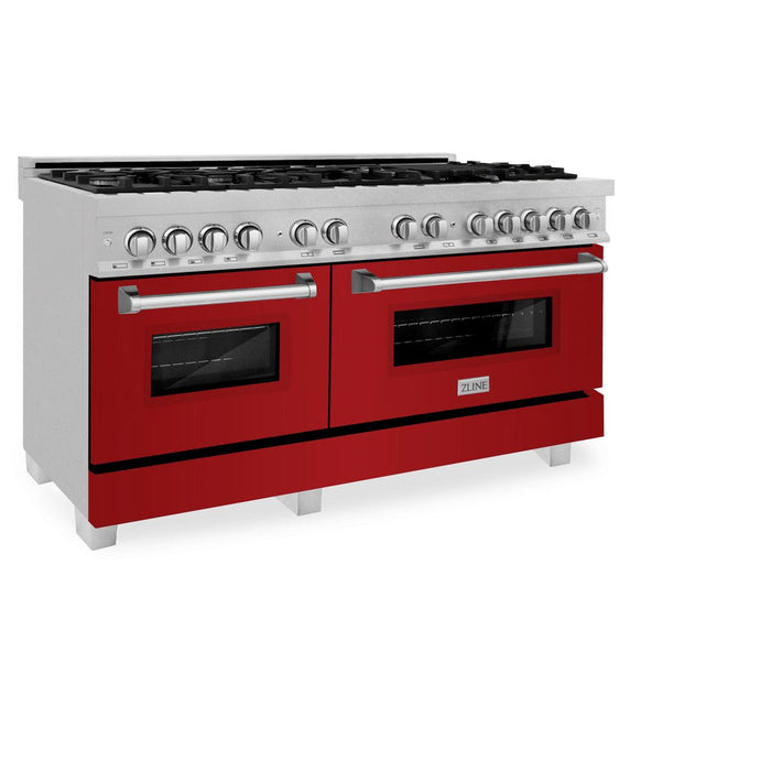 ZLINE 60 in. 7.4 cu. ft. Legacy Dual Fuel Range with 9 Burner Gas Cooktop and 2 Electric Convection Ovens in DuraSnow® Stainless Steel and Red Gloss Doors (RAS-RG-60)