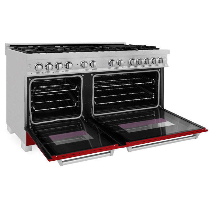 ZLINE 60 in. 7.4 cu. ft. Legacy Dual Fuel Range with 9 Burner Gas Cooktop and 2 Electric Convection Ovens in DuraSnow® Stainless Steel and Red Gloss Doors (RAS-RG-60)