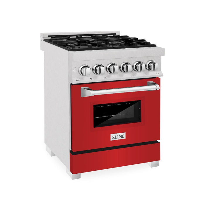 ZLINE 24 in. 2.8 cu. ft. Legacy Dual Fuel Range with 4 Burner Gas Cooktop and Electric Convection Oven in DuraSnow® Stainless Steel and Red Matte Door (RAS-RM-24)