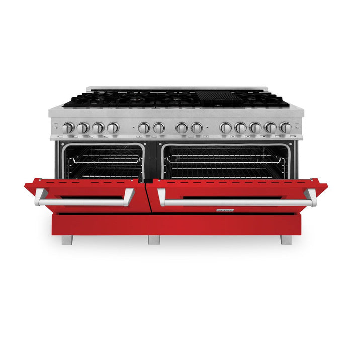 ZLINE 60 in. 7.4 cu. ft. Legacy Dual Fuel Range with 9 Burner Gas Cooktop and 2 Electric Convection Ovens in DuraSnow® Stainless Steel and Red Matte Doors (RAS-RM-60)