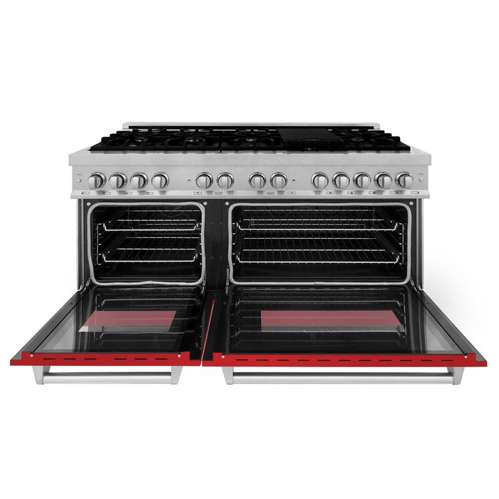 ZLINE 60 in. 7.4 cu. ft. Legacy Dual Fuel Range with 9 Burner Gas Cooktop and 2 Electric Convection Ovens in DuraSnow® Stainless Steel and Red Matte Doors (RAS-RM-60)