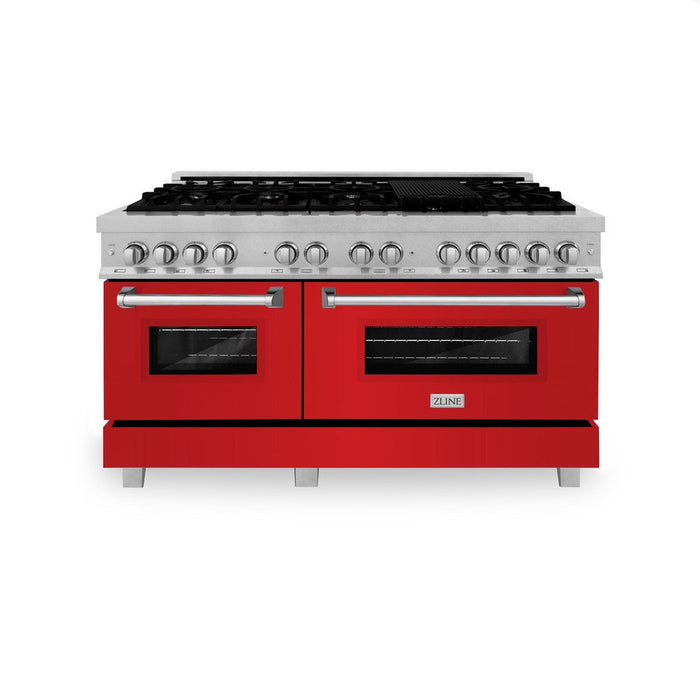 ZLINE 60 in. 7.4 cu. ft. Legacy Dual Fuel Range with 9 Burner Gas Cooktop and 2 Electric Convection Ovens in DuraSnow® Stainless Steel and Red Matte Doors (RAS-RM-60)